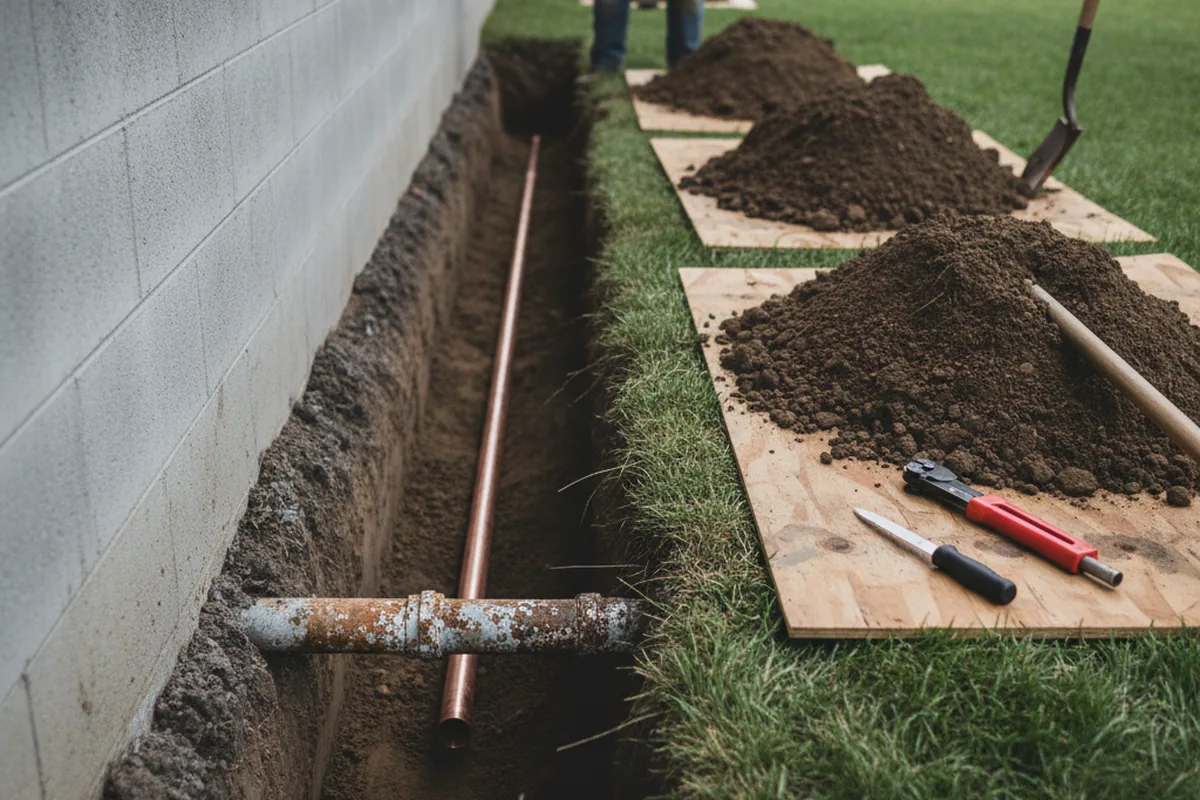 Excavated water line trench during Water Softener Installation in Merrimac